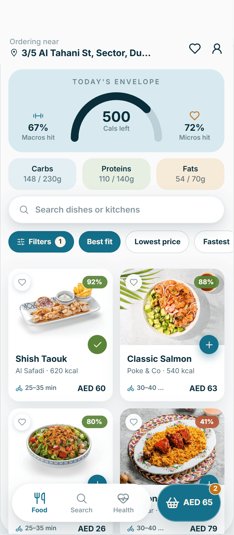 The Mizan food feed, with each dish scored against the day