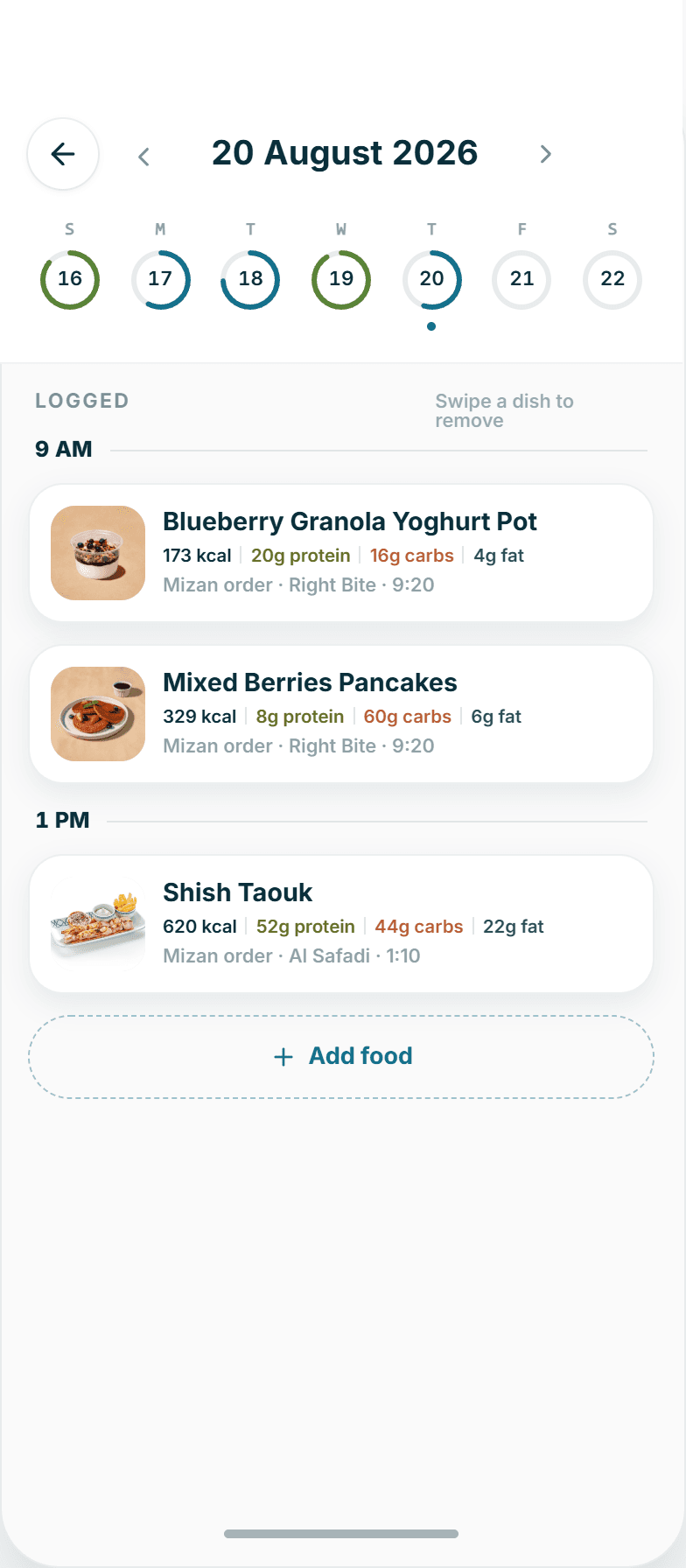 The meal log, filled in automatically after an order